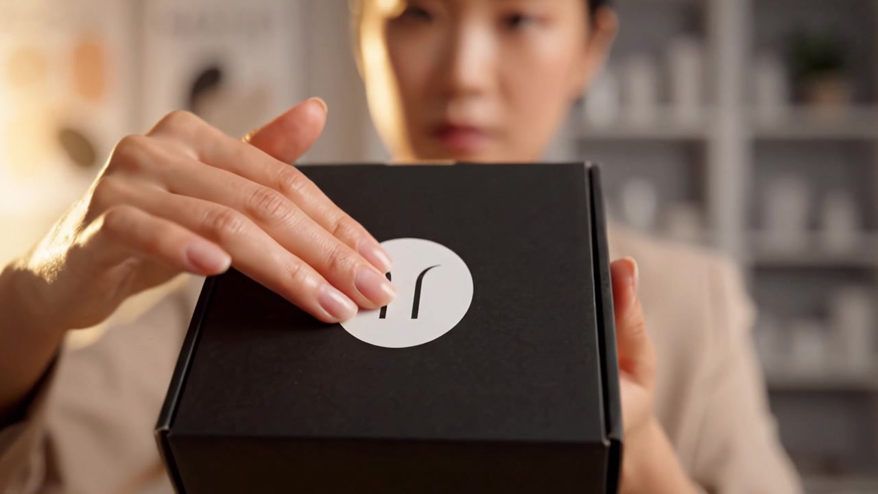 현대적인 진열대에서 세련된 검은색 상자에서 제품을 공개하는 여성, 우아한 인테리어 디자인 요소와 함께 언박싱의 설렘을 보여줍니다.