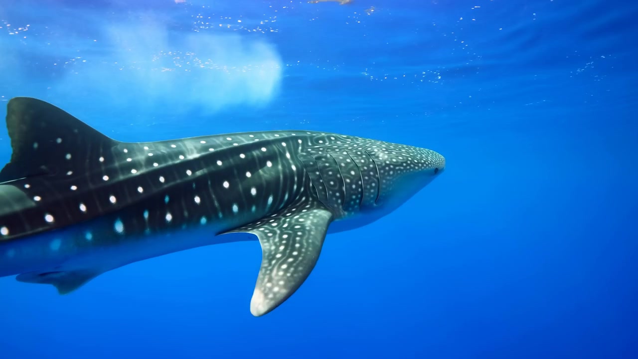 Whale shark swimming, in underwater scene with blue water and sky visible, with whale shark, from a side view of the whale shark perspective, with blue, white accents, and calm and serene mood.