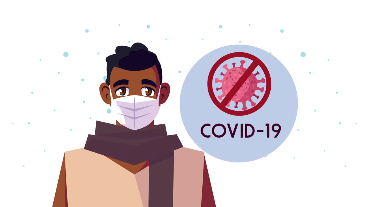 얼굴 마스크를 쓰고 코로나19 신호를 멈추는 아프로 남성