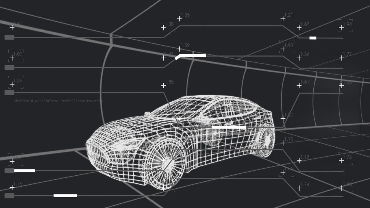 Scansione in avvio, berlina wireframe che rimane fissa mentre i marcatori HUD scorrono, codice che svanisce per la revisione.