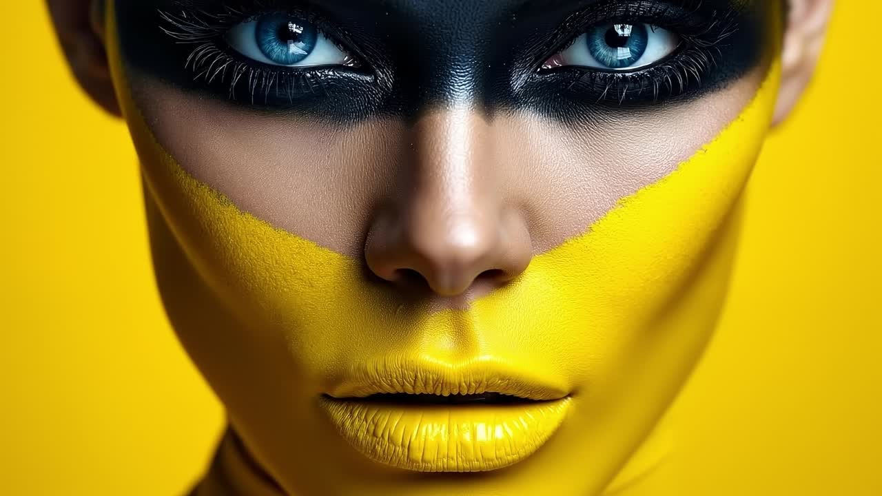 A woman with a yellow and black face paint on her face