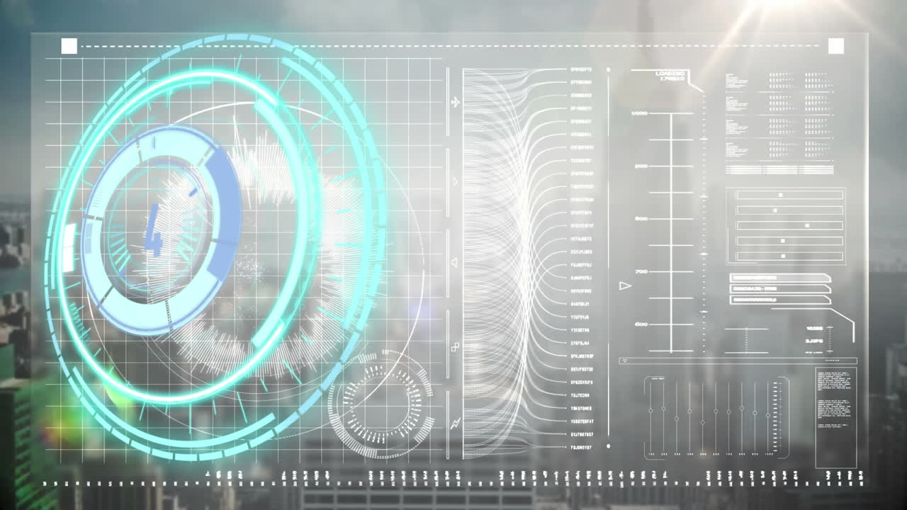 도시 풍경에 대한 데이터 처리와 디지털 인터페이스를 통해 네온 라운드 스캐너의 애니메이션