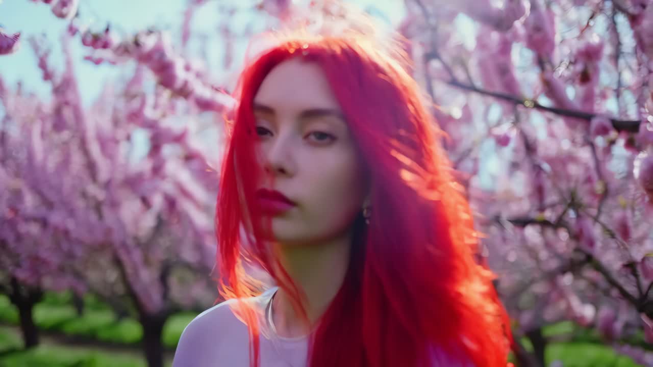 체리 꽃 정원에서 빨간 머리카락을 가진 여자