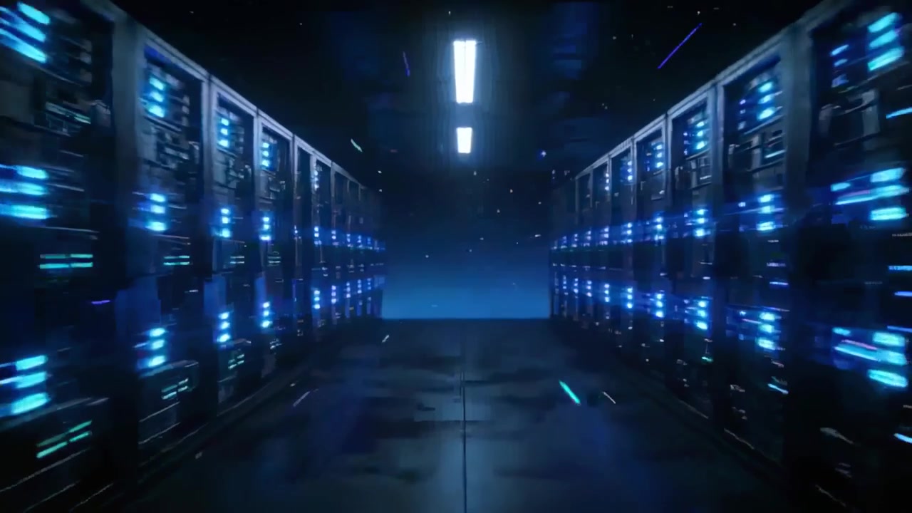 La telecamera inizia a muoversi in avanti lungo il corridoio di un data center, mostrando server montati su rack con LED blu.