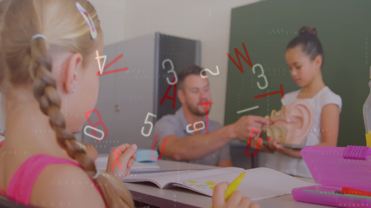 Teacher reaching out to accept snack from student in classroom, with floating letters and numbers