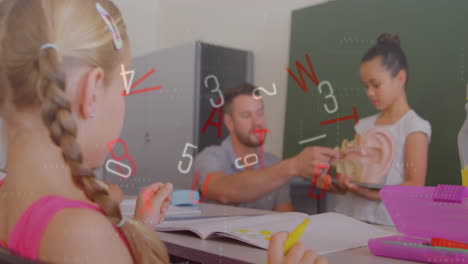 teacher reaching out to accept snack from student in classroom, with floating letters and numbers