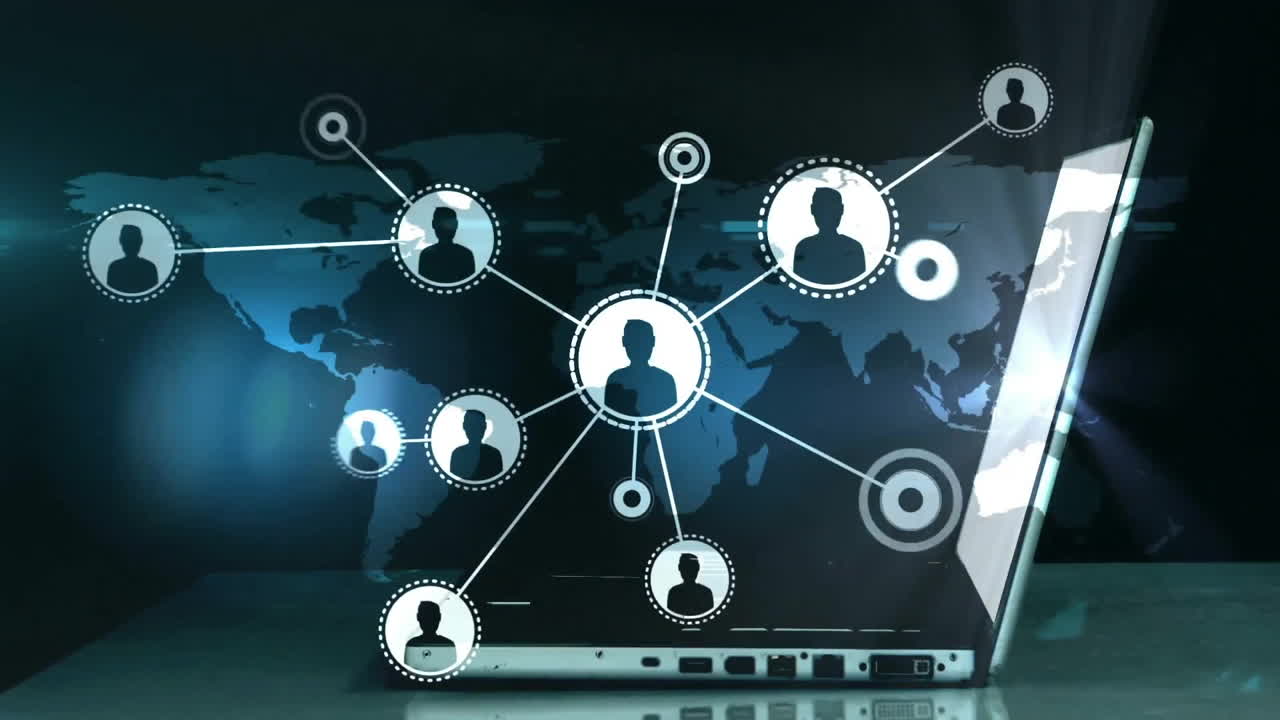 Animation of network of connections with people icons and data processing over laptop