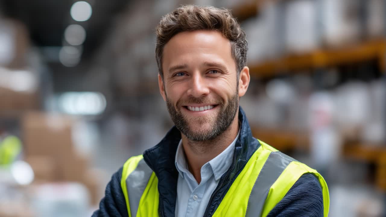 Magazziniere sicuro di sé sorridente con gilet di sicurezza, che mostra professionalità e dedizione in un ambiente industriale ben organizzato