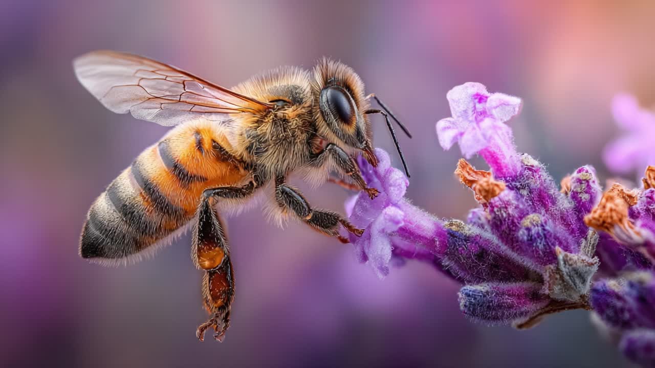 A Close-Up View of a Bee Collecting Nectar from Vibrant Lavender Flowers in a Beautifully Blurred Background, Showcasing Nature's Intricacies and Harmony