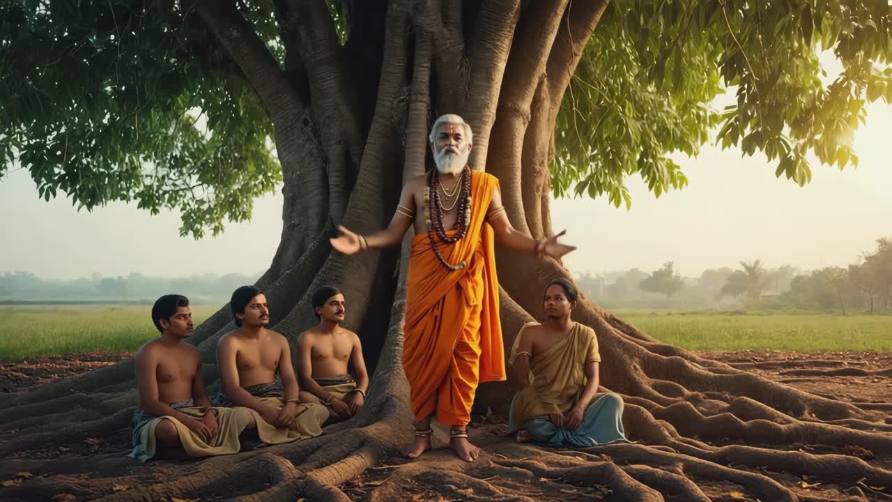An ancient sage teaching his students under a tree
