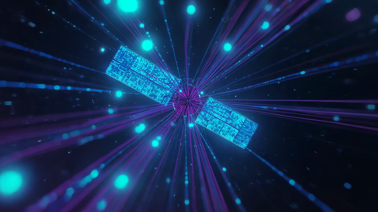 Initializing panels and orb rotating in cyber space, projecting magenta beams and cyan particles