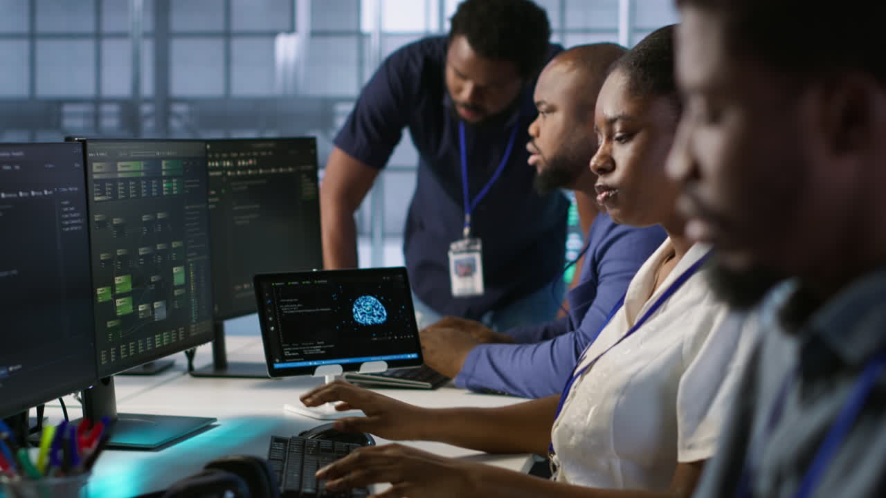 Team of diverse technology professionals working collaboratively in a modern office environment