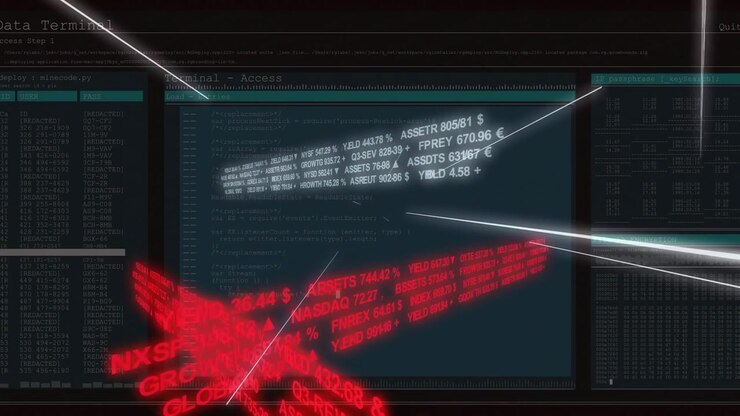 3D ticker bands sweeping dark terminal, camera panning while light streaks revealing finance data