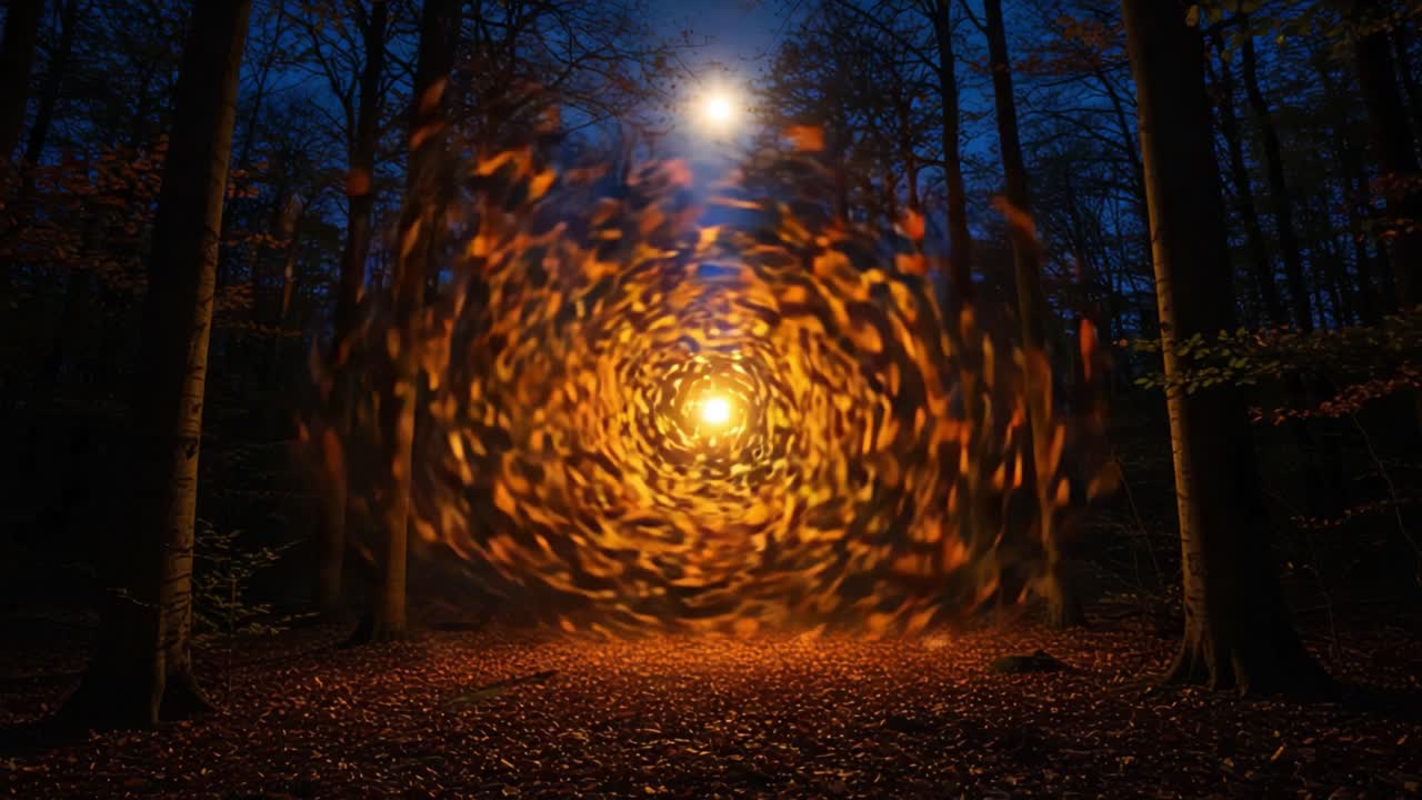An Enchanted Autumn Night: A Surreal Journey Through Swirling Leaves Surrounded by Trees Under Two Bright Orbs of Light in a Mystical Forest