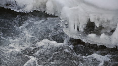 time-lapse of a close up of a small stream flowing with frozen ice covered sides