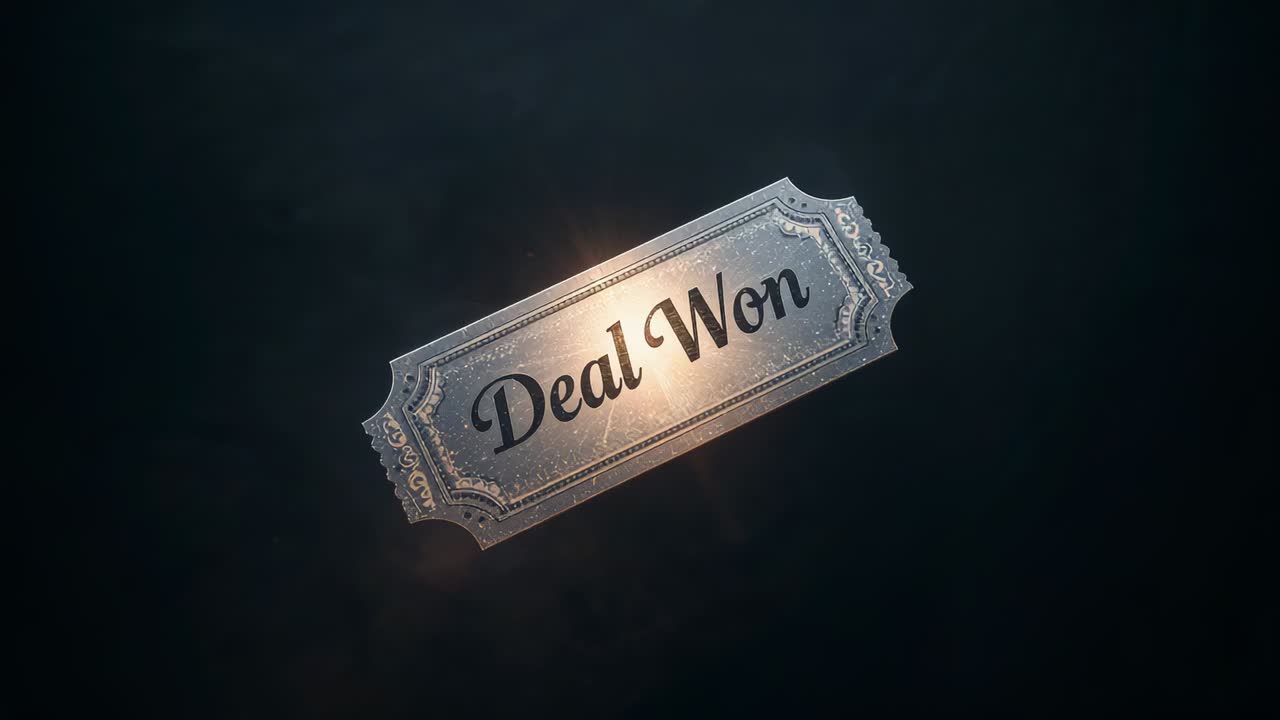 Rotating ornate metal ticket catching sweeping orange flare in studio revealing Deal Won with smoke