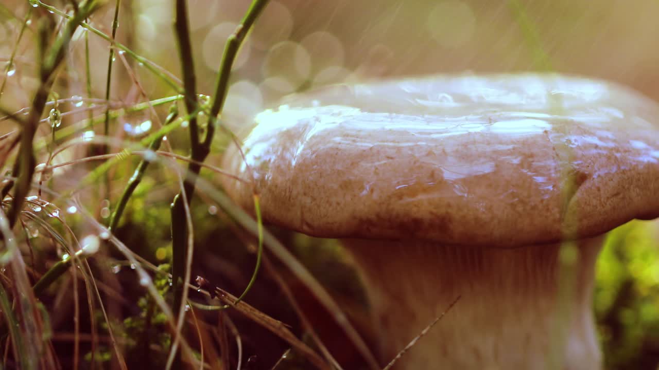 un boleto de hongo en un bosque soleado bajo la lluvia.