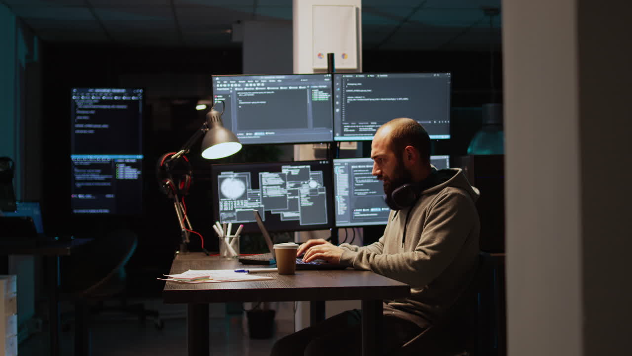 Man coding on computer in dark office