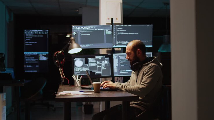 Man coding on computer in dark office