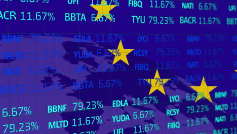 animation of financial data, eu flag and map on blue background