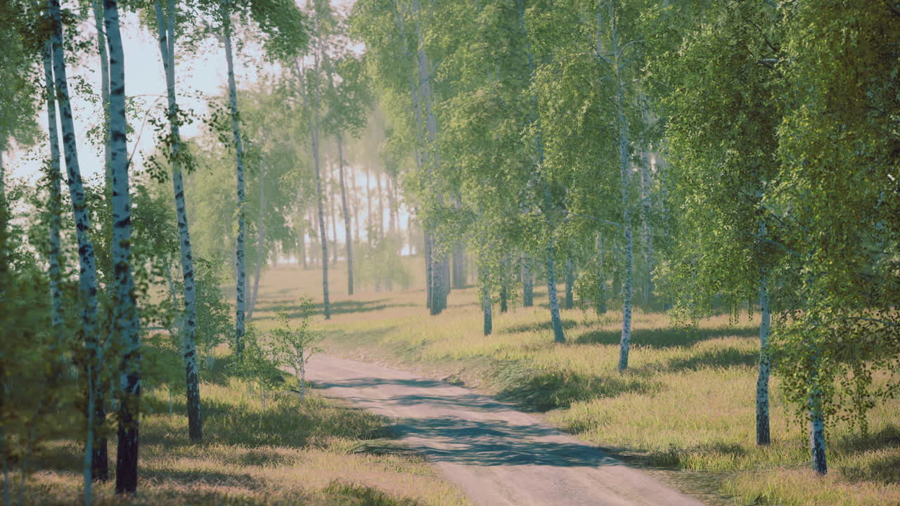 Lush green trees lining a serene dirt path in a peaceful forest setting