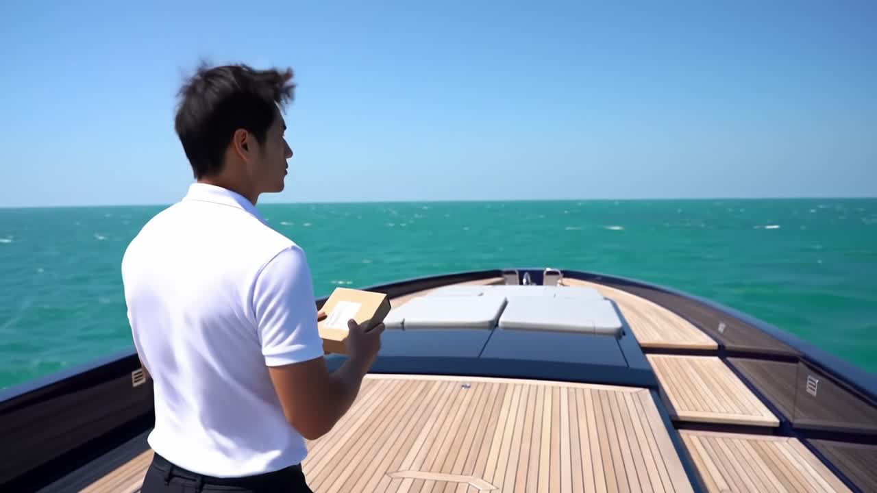 A person stands on the deck of a luxurious yacht, taking in the stunning views of turquoise waters and a bright blue sky. The calm atmosphere invites relaxation and reflection.