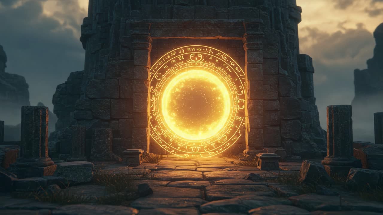 An Enigmatic Portal Glows in the Dusk, Surrounded by Ancient Stones and Mystical Symbols, Inviting Curiosity and Contemplation of Alternate Realities