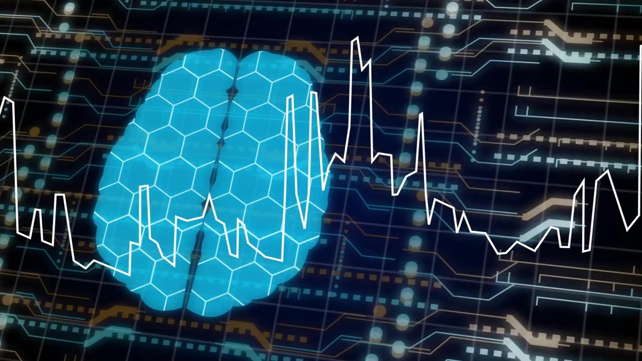 Glowing hexagonal brain being pulsed by rising waveform, tiles brightening to show neural activity