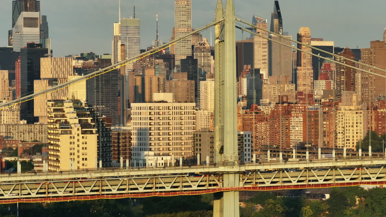 Aerial view of the Robert F. Kennedy Bridge at sunrise. Shot on a summer morning in New York City