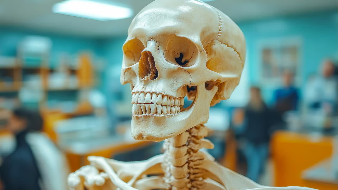 Classroom skeleton model. A skeleton model stands in a classroom while students engage in learning activities and discussions
