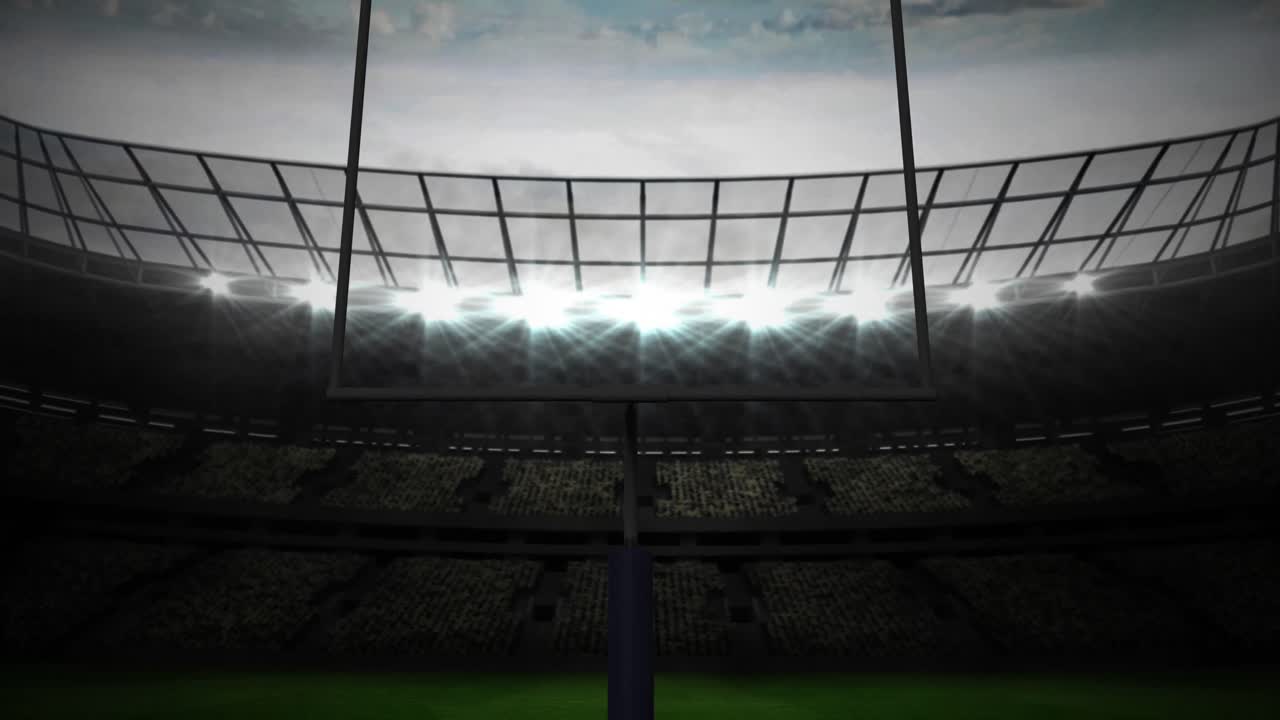 animación de los postes de fútbol americano y el cielo nublado en el estadio iluminado