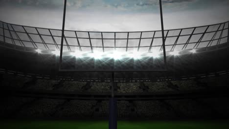 animation of american football goalposts and cloudy sky at floodlit stadium