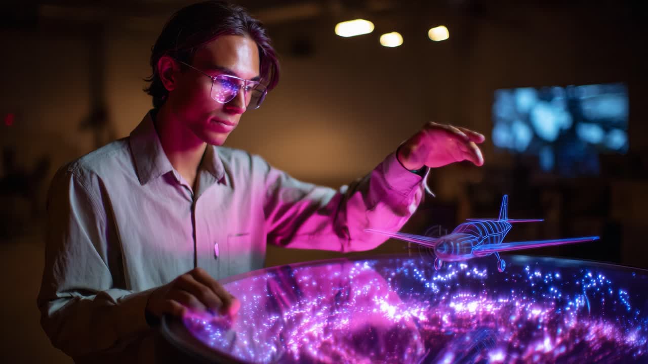 A Young Innovator Interacting with a Holographic Airplane Model in a Futuristic Setting, Showcasing Technological Advances in Design and Engineering