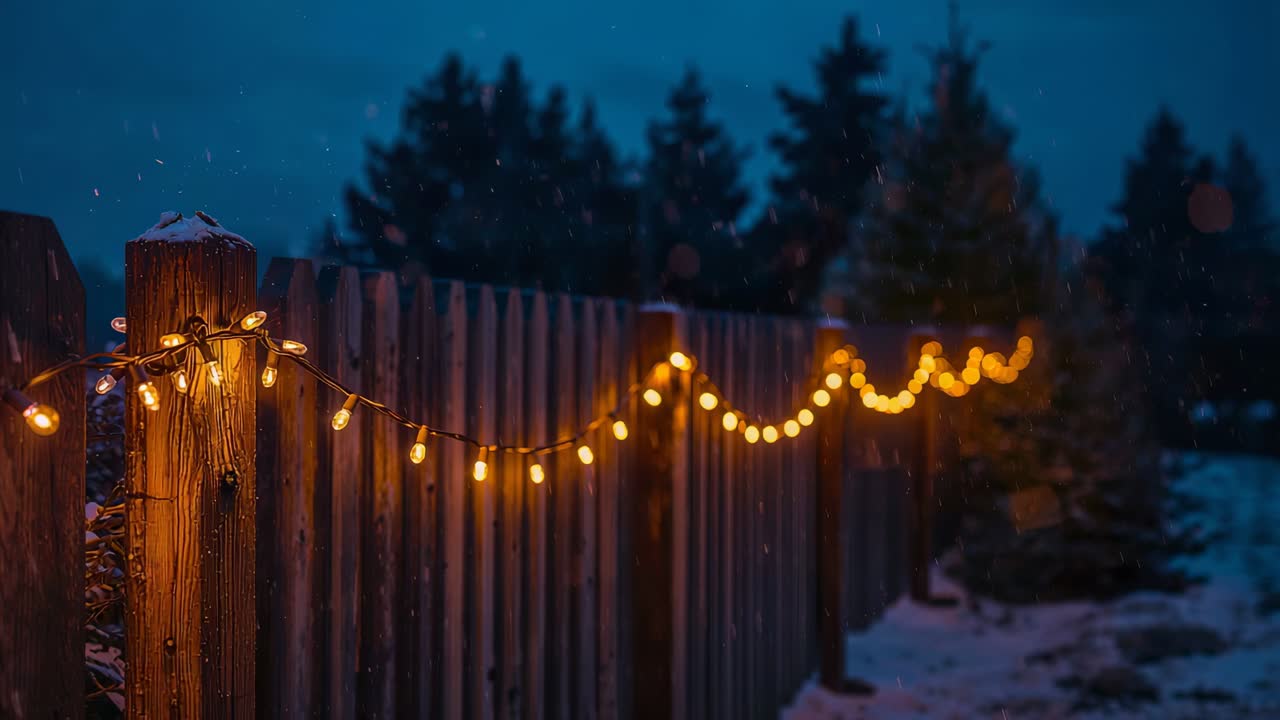 Panning camera revealing wooden picket fence with glowing lights and snow patches at dusk