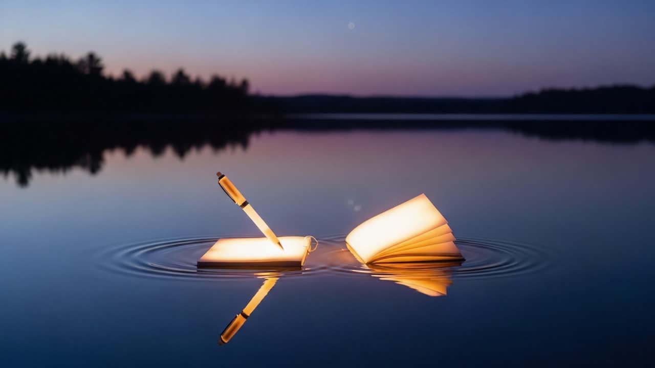En fascinerende scene av flytende notatbøker opplyst av mykt lys på en fredelig innsjø i skumringen, som fanger essensen av fantasi og refleksjon