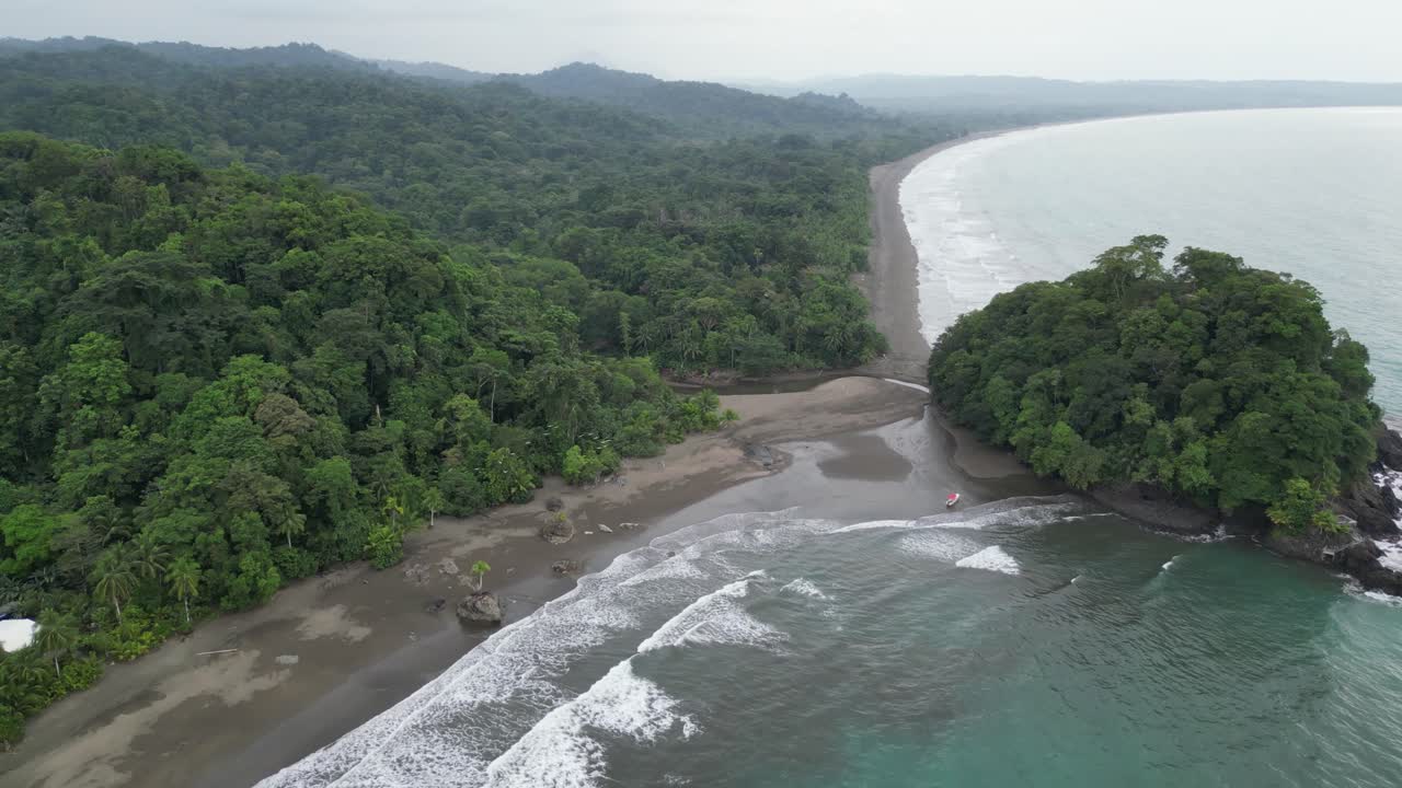 Aerial view of deserted beaches Playa Terco and Playa Termales stretching for miles along the Pacific Coast in the Chocó department of Colombia