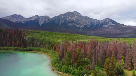 lago maligne y montañas en el fondo, vista aérea de drones del parque nacional jasper en canadá, alberta