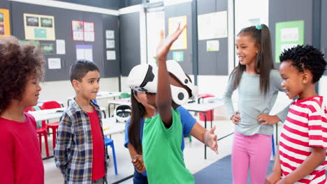 in school, children using vr headset, enjoying interactive learning experience