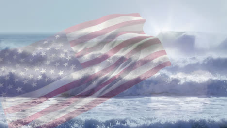 digital composition of waving us flag against waves in the sea