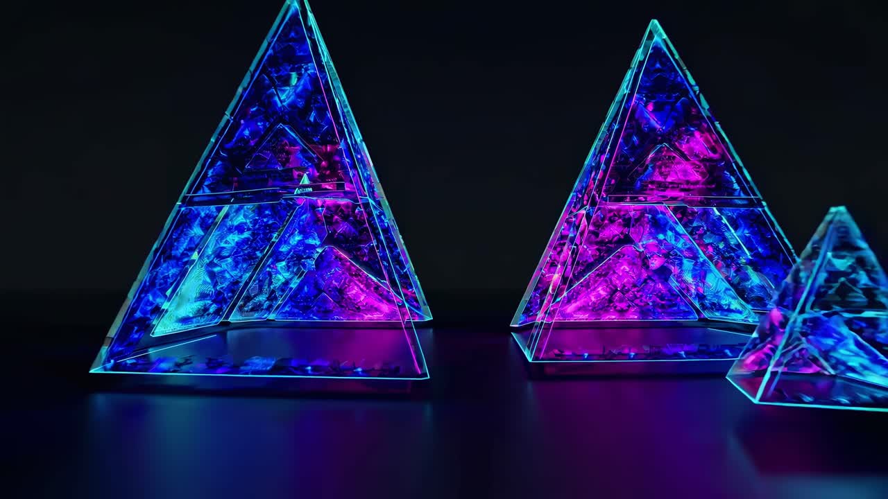 네온 피라미드는 동적으로 회전하며, 반사적인 검은 표면에 대해 파란색과 보라색 빛으로 색을 바꾸며, 매혹적인 기하학적 움직임 디자인을 만니다.