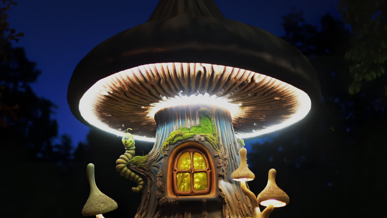 A miniature fantasy tree house with glowing windows, mushrooms, and a smiling caterpillar figure