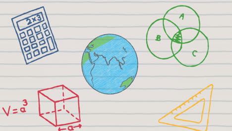 animación de globos dibujados a mano e iconos escolares en papel reglado