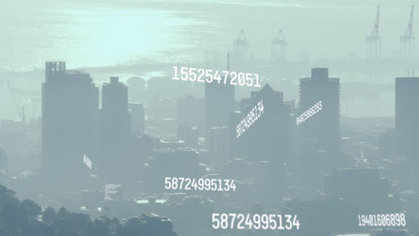 animation of changing numbers and data processing against aerial view of cityscape