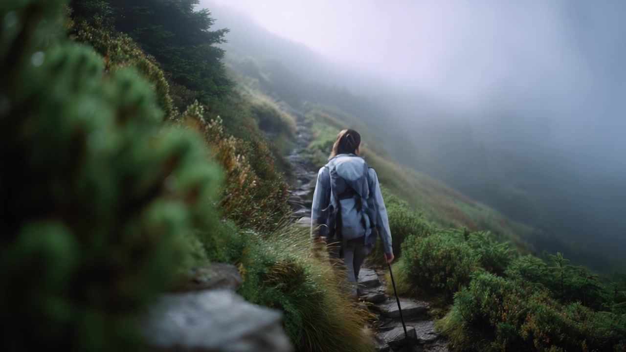 A lone hiker ventures into a misty forest, traversing a rocky path surrounded by lush greenery and swirling fog, embodying the spirit of adventure and exploration.