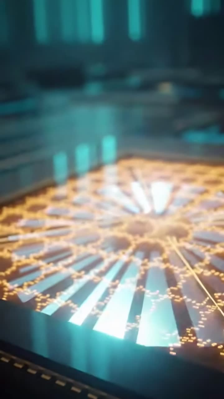 Futuristic video of a glowing microchip, captured from a low angle, highlighting circuitry
