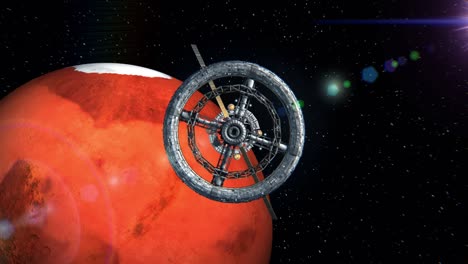 marte en el fondo. vuelo a través de las puertas de la estación espacial de ciencia ficción, pantalla verde, animación 3d. la textura del planeta fue creada en el editor gráfico sin fotos y otras imágenes.