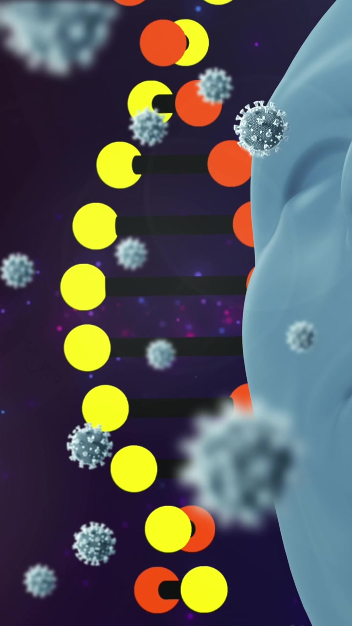 Animation af menneskemodel og DNA over sort baggrund med vira.