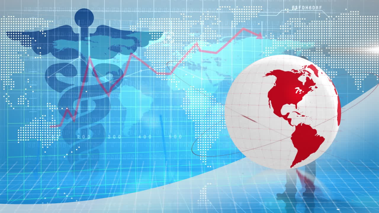 지구와 데이터 처리의 애니메이션이 아이콘과 파란색 배경의 세계 지도 위에 있습니다.