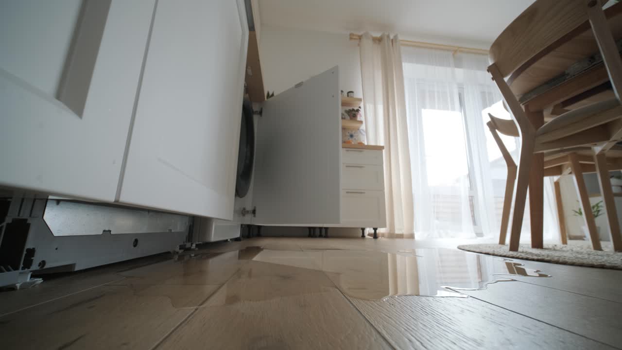 Water leaking from a washing machine in a contemporary kitchen setting, showing a puddle on wooden flooring