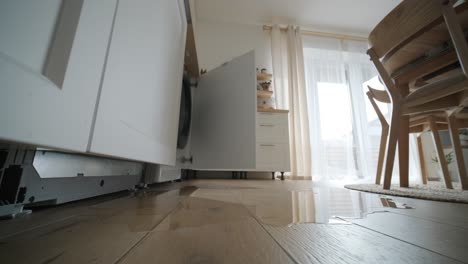 water leaking from a washing machine in a contemporary kitchen setting, showing a puddle on wooden flooring